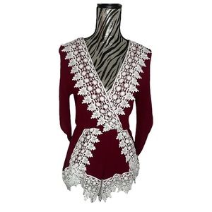Burgundy Lace Long Sleeve V Neck Romper